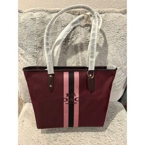 Coach City Tote Oxblood Pink Varsity Stripe Jacquard Canvas Bag 69645 NEW
